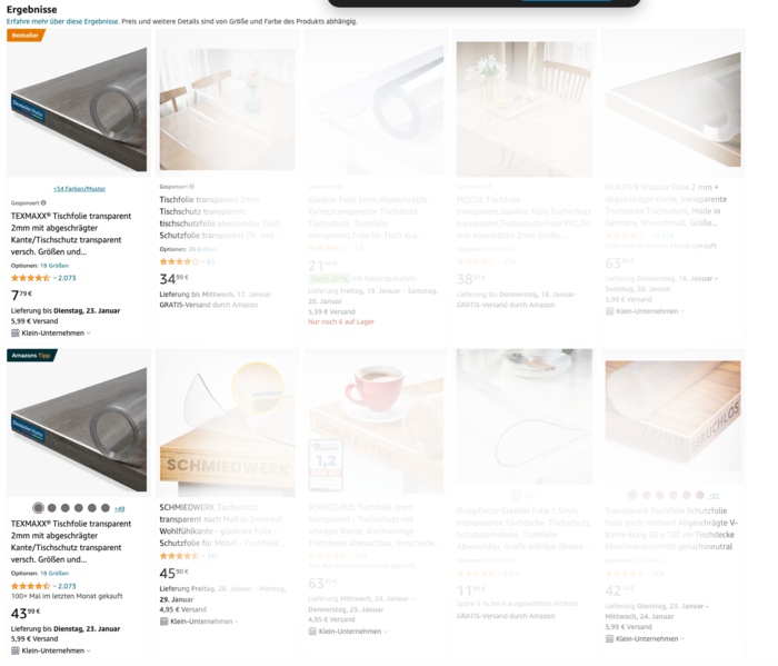 Screenshot: Suchergebnisseite zum Keyword "Tischfolie"